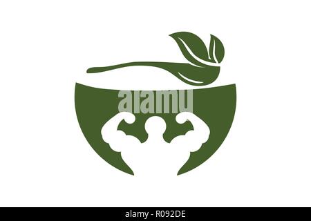 Bowl, Leaf, Spoon, Muscle, Healthy Food Logo Designs Inspiration Isolated on White Background Stock Vector