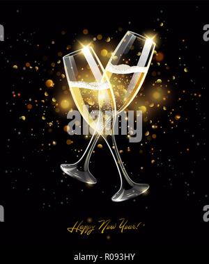 Sparkling glasses of champagne on black background, bokeh effect with sign Happy New Year Stock Vector