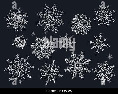 Big set of hand drawn doodle style snowflakes isolated on black background. Vector illustration. Stock Vector