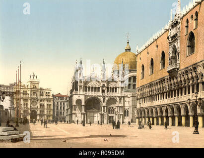 Clock tower, St. Mark's, and Doges' Palace, Piazzetta di San Marco, Venice, Italy, Photochrome Print, Detroit Publishing Company, 1900