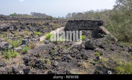 Lava Flow and Abandoned Building, Mt Etna, Sicily Stock Photo