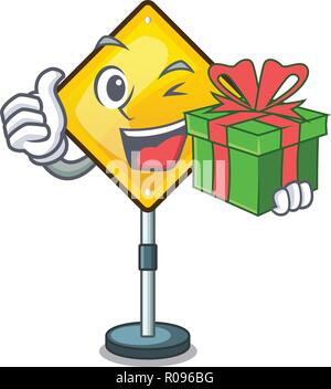 With gift Hazard warning attention sign sahaped cartoon Stock Vector