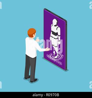 Flat 3d isometric businessman talking with ai robot in smartphone. Artificial intelligence technology and voice assistant concept. Stock Vector