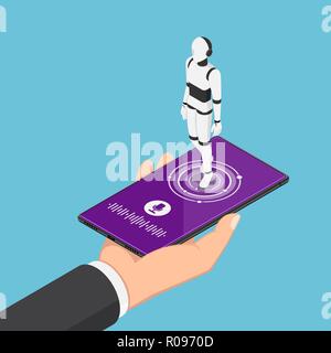 Flat 3d isometric businessman holding smartphone with ai robot assistant and voice recognition icon. Artificial intelligence and voice assistant conce Stock Vector