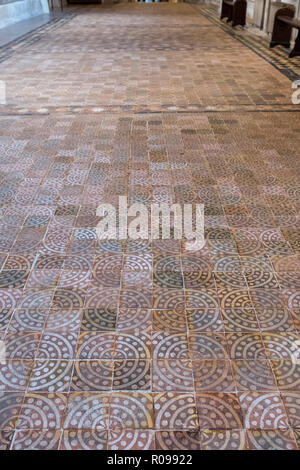 Winchester UK. Close up of the medieval encaustic floor tiles in the south isle of the retrochoir at Winchester Cathedral, Hampshire. Stock Photo