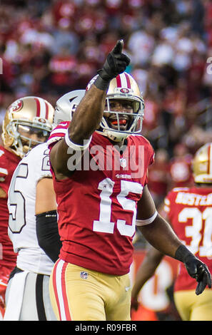 California, USA. 1 November 2018. San Francisco wide receiver Pierre Garcon (15) points to the 49ers fans after a touchdown during the NFL Football game between Oakland Raiders and the San Francisco 49ers 34-3 win at Levi Stadium Santa Clara Calif. Thurman James/CSM Credit: Cal Sport Media/Alamy Live News Stock Photo