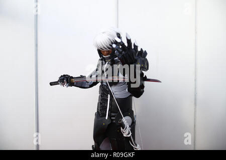 Kathmandu, Nepal. 3rd Nov, 2018. A man dressed in an attire of a character poses during Com Cos Con in Lalitpur, Nepal on Saturday, November 03, 2018. Credit: Skanda Gautam/ZUMA Wire/Alamy Live News Stock Photo