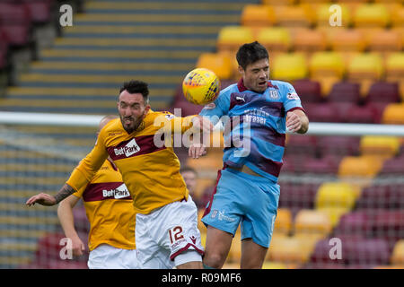 Fir Park, Motherwell, UK. 3rd Nov, 2018. Ladbrokes Premiership football, Motherwell versus Dundee; Darren O'Dea of Dundee competes in the air with Ryan Bowman of Motherwell Credit: Action Plus Sports/Alamy Live News Stock Photo