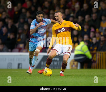 Fir Park, Motherwell, UK. 3rd Nov, 2018. Ladbrokes Premiership football, Motherwell versus Dundee; Tom Aldred of Motherwell and Sofien Moussa of Dundee Credit: Action Plus Sports/Alamy Live News Stock Photo