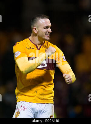 Fir Park, Motherwell, UK. 3rd Nov, 2018. Ladbrokes Premiership football, Motherwell versus Dundee; Tom Aldred of Motherwell celebrates at the end of the match Credit: Action Plus Sports/Alamy Live News Stock Photo