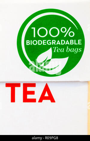 100% biodegradable tea bags symbol logo on box of PG tips tea bags Stock Photo