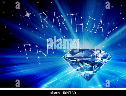 Illustration with large diamond in universe with bright flares and stars.  One image birthday party text written between stars. Stock Photo