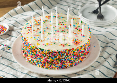 Homemade Sweet Birthday Cake with Candles Ready to Serve Stock Photo
