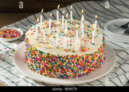 Homemade Sweet Birthday Cake with Candles Ready to Serve Stock Photo