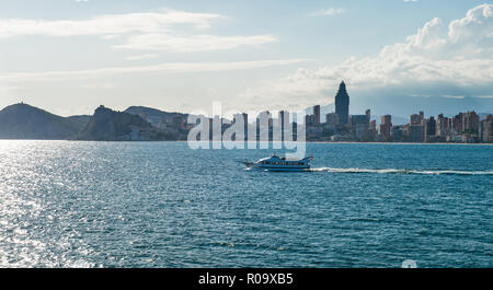 Panoramic view of Benidorm, in Spain.Benidorm Alicante playa de Poniente beach sunset in Spain.Skyscrapers near the beach in Benidorm, Spain.Skyline o Stock Photo