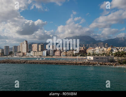 Panoramic view of Benidorm, in Spain.Benidorm Alicante playa de Poniente beach sunset in Spain.Skyscrapers near the beach in Benidorm, Spain.Skyline o Stock Photo