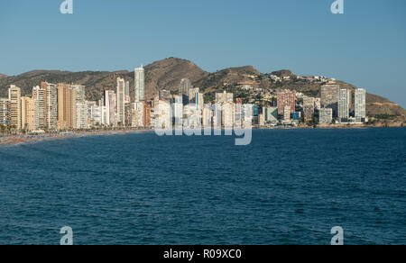 Panoramic view of Benidorm, in Spain.Benidorm Alicante playa de Poniente beach sunset in Spain.Skyscrapers near the beach in Benidorm, Spain.Skyline o Stock Photo