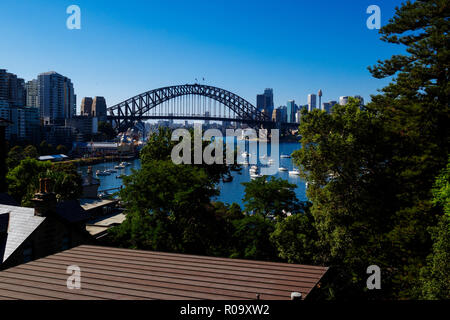 Sydney Harbour cityscape with Harbour Bridge and Central Business District in the distance, Sydney, New South Wales, Australia Stock Photo