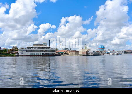 Orlando, Florida. October 19, 2018 Panoramic view of Disney Springs on beatiful lightblue cloudy background in Lake Buena Vista. Stock Photo