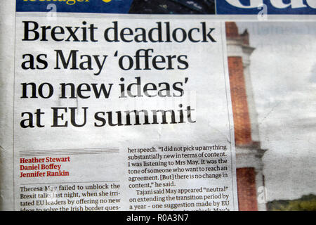 'Brexit deadlock as May 'offers no new ideas' at EU summit' Guardian newspaper headline on 18 October 2018 in London England UK Stock Photo