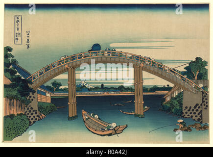 Pedestrians Crossing High-arched Bridge Spanning River with Fisherman and Boat in Foreground, Mount Fuji in Background, by Katsushika, Hokusai, late 1820's Stock Photo