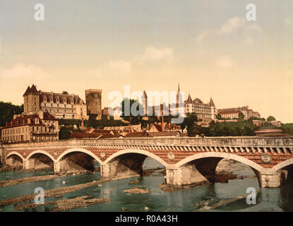 Castle and Bridge, Pau, Pyrenees, France, Photochrome Print, Detroit Publishing Company, 1900 Stock Photo