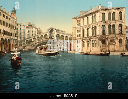 Grand Canal with Rialto Bridge, Venice, Italy, Photochrome Print, Detroit Publishing Company, 1900 Stock Photo