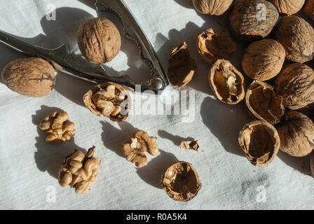 Walnuts closed and open with nuts revealed together with nutcrackers displayed on a white cloth. Stock Photo