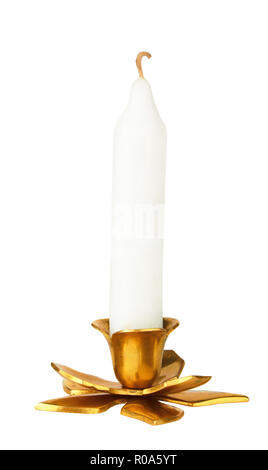 Candle in brass candlestick isolated on white background Stock Photo