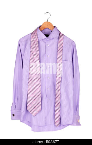 shirt with tie on wooden hanger isolated on white Stock Photo