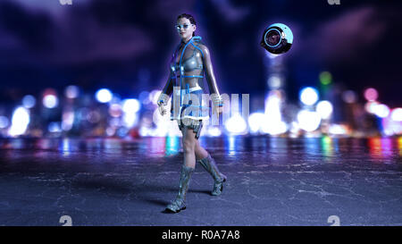 Sci-fi girl with flying drone wearing hi-tech outfit in futuristic city street at night, science fiction scene, 3D rendering Stock Photo