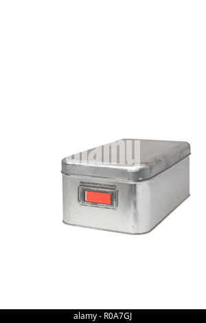 Used, Stainless  storage box with blank label area, isolated on white background. Stock Photo
