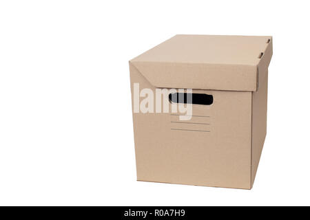 Brown cartoon moving and storage box isolated on white background. front low angle view Stock Photo