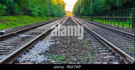Two train railroads vanishing beyond the horizon beautiful transport and travel background Stock Photo
