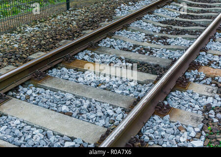 beautiful side macro close up of a train railway track amazing transport or travel background Stock Photo