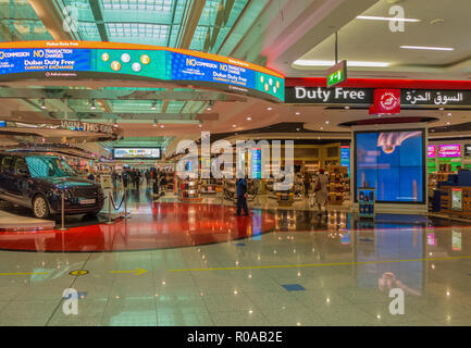 DUBAI,THE UNITED ARAB EMIRATES - OCTOBER 11,2018: The airport This is the duty free area of Terminal 3.You can buy there alcoholic drinks,perfume and  Stock Photo