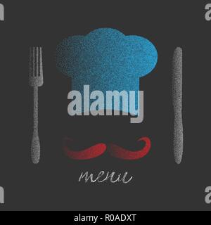 Chef hat with big mustache. Foods Service icon. Stipple effect vector illustration, EPS 10. Stock Vector
