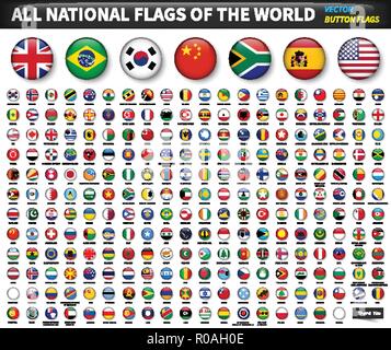 All national flags of the world . Circle convex button design . Elements vector . Stock Vector
