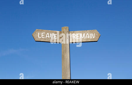 Leave or Remain in the European Union - Brexit Signpost concept with blue sky background. Stock Photo