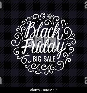 Lettering inscription card Vector Black Friday. Big Sale Design Hand drawn white illustration on checkered dark background. Round composition with curls winter ornament. Stock Vector