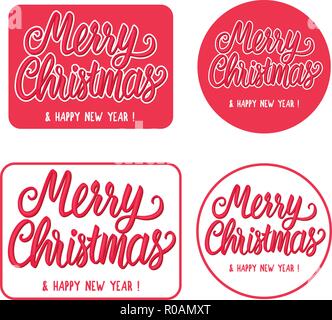 Set sign stamp typography Merry Christmas and Happy New Year on rectangular and round. Hand drawn lettering inscription isolated on white background. Stock Vector