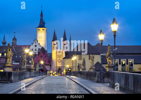 Old town of Wurzburg, Germany at dusk. View from Old Main Bridge Stock Photo