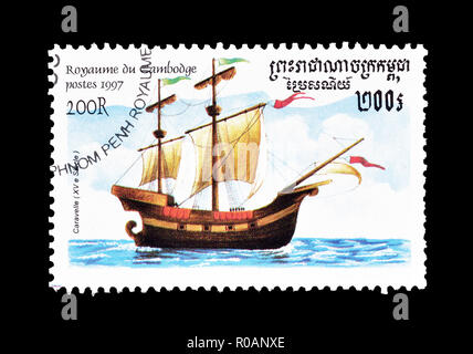 Cancelled postage stamp printed by Cambodia, that shows 15th Century Caravel, circa 1997. Stock Photo