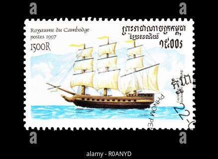 Cancelled postage stamp printed by Cambodia, that shows 18th Century ship, circa 1997. Stock Photo