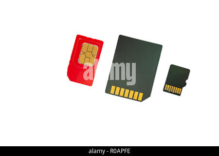 different memory card SIM card on white background Stock Photo