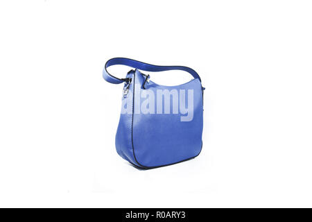 Empty blue ladies handbag isolated on white background. Stock Photo