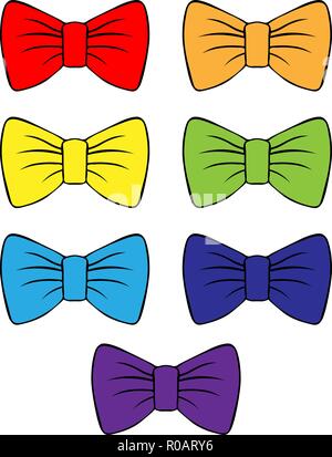 Set of vector bright bows. multicolored bow drawing with contour. for decoration and design. children's illustration isolated on white background. cos Stock Vector