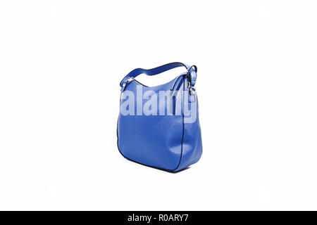 Empty blue ladies handbag isolated on white background. Stock Photo
