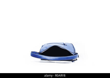Empty blue ladies handbag isolated on white background. Stock Photo