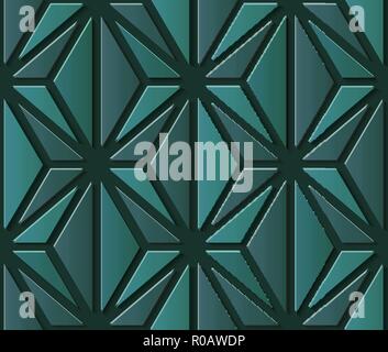 Seamless relief sculpture decoration retro pattern elegant green geometry polygon star cross triangle. Ideal for greeting card or backdrop template de Stock Vector